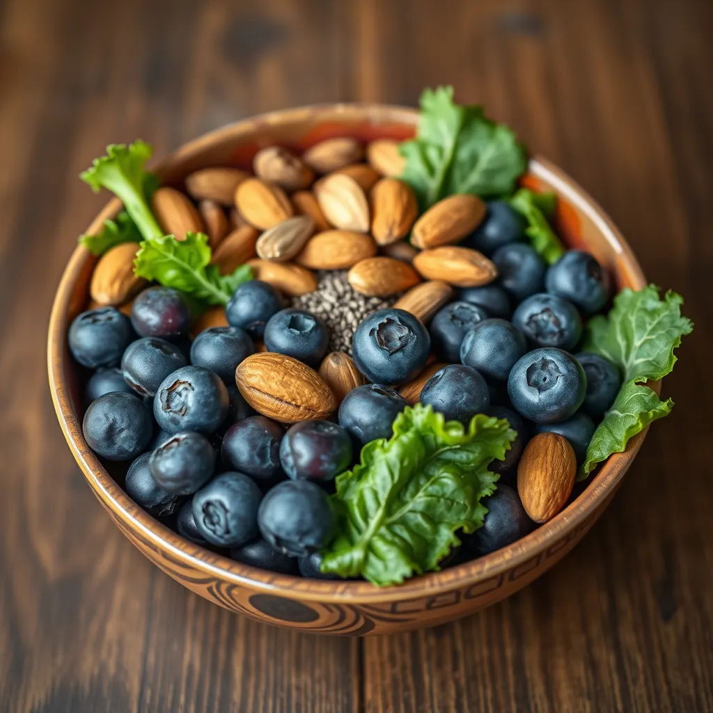 A bowl filled with an assortment of vibrant superfoods such as blueberries, kale leaves, almonds, and chia seeds, placed on a wooden table. The colors are vibrant, and there are no people in the image.