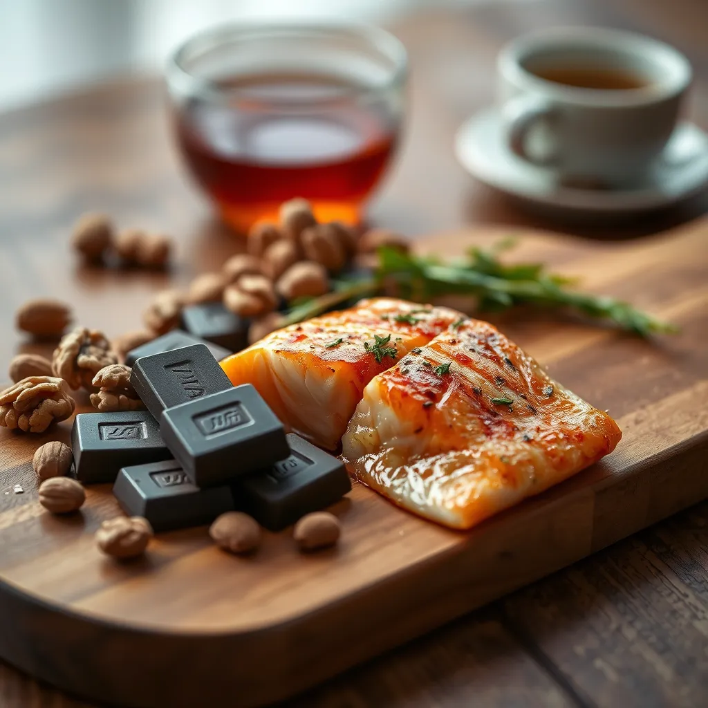 A detailed, photorealistic image of a wooden board with neatly arranged portions of superfoods such as a few pieces of dark chocolate, a handful of walnuts, and a fillet of grilled salmon garnished with herbs. The background should suggest a calm and serene environment, perhaps with a cup of tea or coffee in the background to evoke a sense of relaxation and concentration.