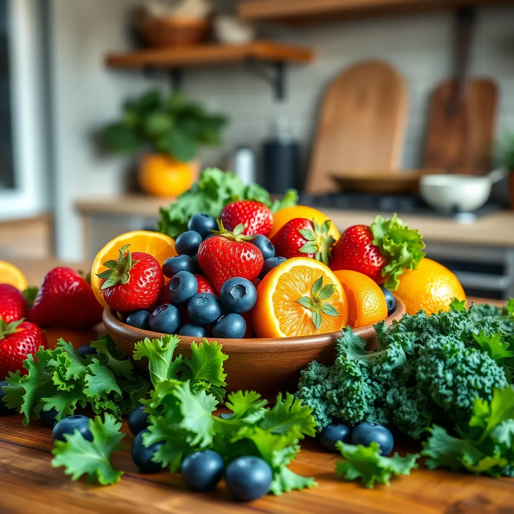 A high-quality, photorealistic image showing a vibrant assortment of superfoods like blueberries, strawberries, oranges, and kale on a wooden table. The image should include a small bowl filled with these fruits and greens, beautifully arranged to highlight their freshness and color. The background should be a rustic kitchen setting with soft, natural lighting.