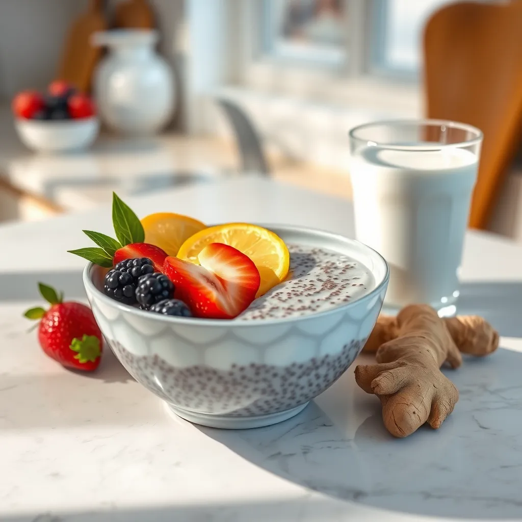 A high-resolution, photorealistic image of a healthy breakfast bowl containing chia pudding topped with slices of fresh fruit, a small glass of yogurt, and a piece of ginger root on the side. The setting should be a cozy kitchen counter with morning light streaming in, highlighting the texture and detail of the food items.