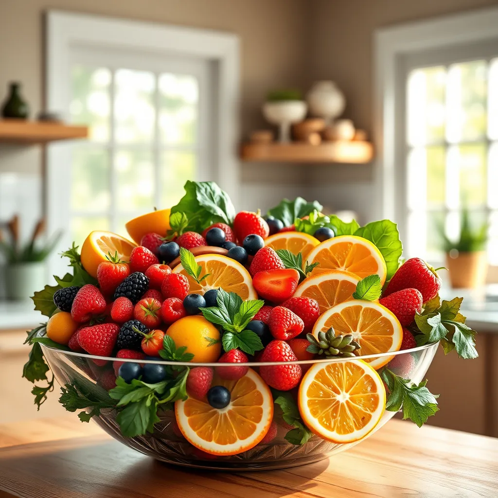 A photorealistic image of a vibrant assortment of superfoods including various berries, sliced citrus fruits, and dark leafy greens arranged in a bowl, with a backdrop of a bright kitchen window allowing natural light to illuminate the scene.