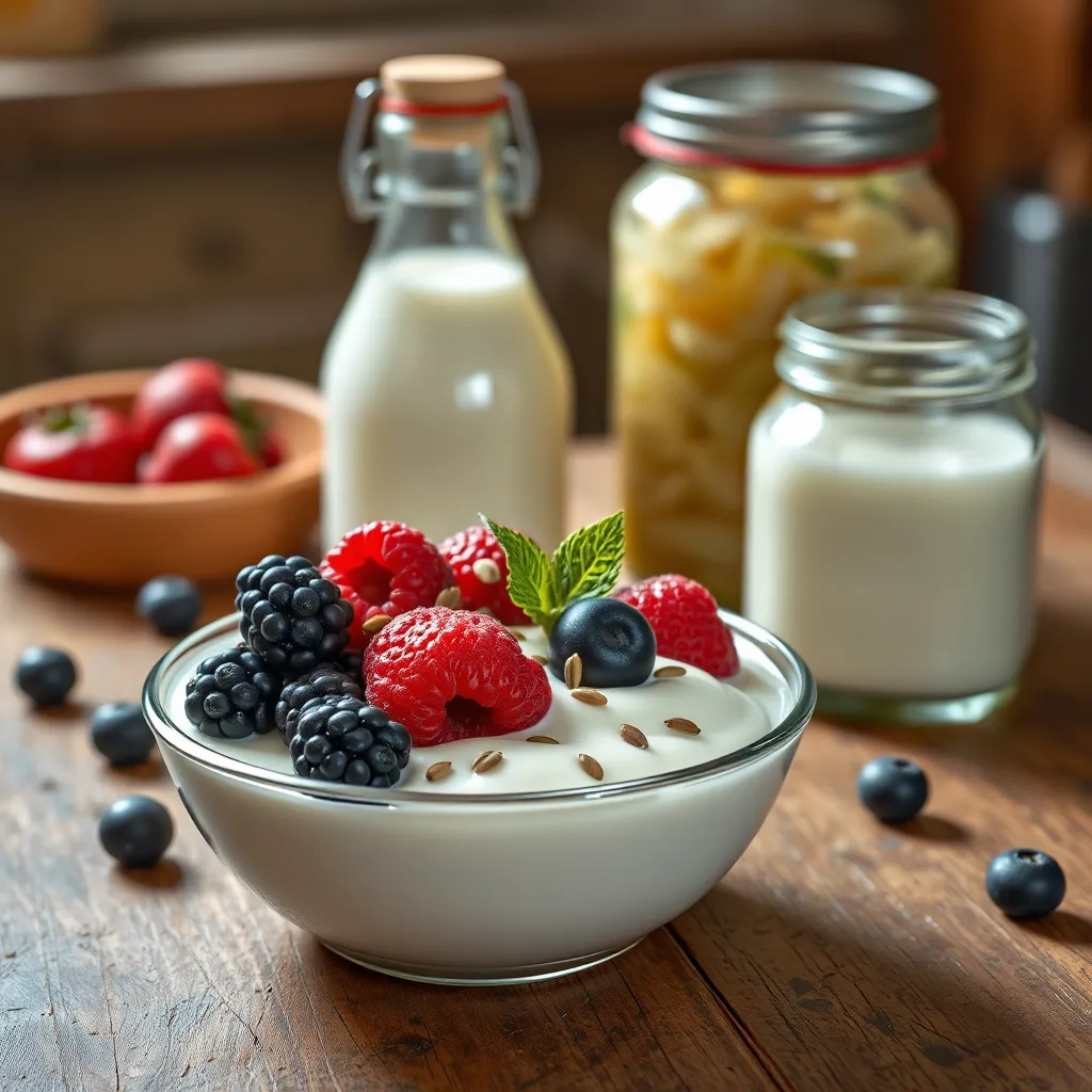 A serving of yogurt with fresh berries and seeds on top, a small bottle of kefir beside it, and a jar of sauerkraut in the background. The image is set on a rustic kitchen table.