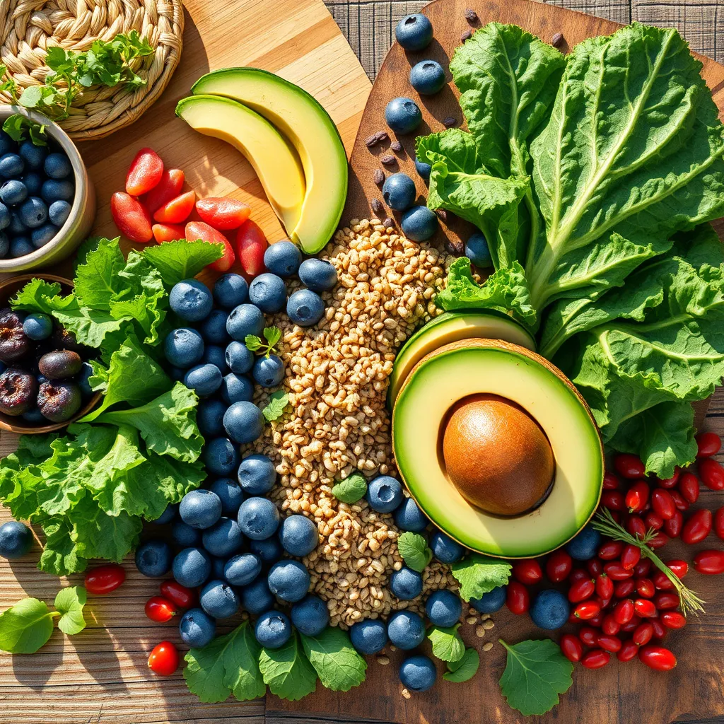 Create an ultra-high quality, photorealistic header image for a health info content site named 'Best Superfoods Guide'. The composition should feature an assortment of vibrant superfoods including kale, blueberries, quinoa, chia seeds, avocado, and goji berries, artfully arranged on a rustic wooden table. The lighting should be natural and bright, reminiscent of a sunny morning, casting soft shadows to create depth. The color palette should emphasize the rich, natural colors of the superfoods—deep greens, vivid blues, earthy browns, and vibrant reds—conveying freshness and vitality. The camera angle should be a top-down perspective, capturing every intricate detail of the textures and materials, from the glossy sheen of the berries to the intricate leaves of the kale. The background should include subtle elements like a woven basket and a wooden cutting board to enhance the organic feel without distracting from the main subject. Style references can include the works of food photographers like David Loftus and Nisha Vora. Technical specifications: ensure the image is in 8K resolution and hyperrealistic, with every detail meticulously rendered to captivate and entice visitors., ultra high resolution, photorealistic, 8K, hyperdetailed, cinematic lighting