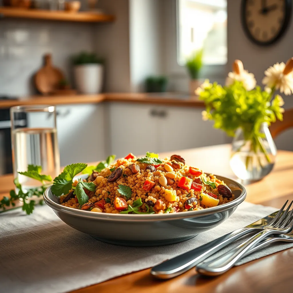 Generate a photorealistic, ultra-high quality image of a delicious and healthy superfood recipe prepared and placed aesthetically on a dining table. The specific dish could be a colorful quinoa salad with an assortment of vegetables, nuts, and seeds. Lighting conditions should be soft, natural sunlight coming from a nearby window, creating a fresh and inviting mood. The color palette should be warm and appetizing, with vibrant greens, reds, and yellows. Capture the image from a slight above-perspective to highlight the textures and layers of the dish. Focus on the intricate texture of the salad ingredients, the crunchiness of the nuts, and the juiciness of the vegetables. The table should include props like a glass of infused water, a sprig of fresh herbs, and neatly arranged cutlery. The background might feature a clean, minimalistic kitchen setting. The image should be hyperrealistic, in 8K resolution, with attention to ultra-detailed textures and natural colors, akin to the style of an elite food stylist photographer.