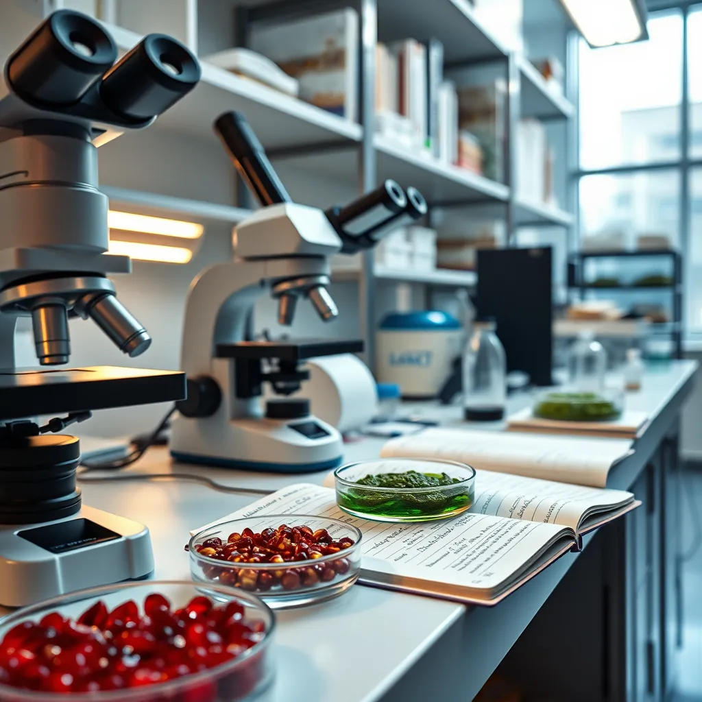 Produce an ultra-high quality, photorealistic image that depicts the scientific research behind superfoods. The setting should be a clean, modern laboratory with state-of-the-art equipment. In the foreground, there should be a close-up of a laboratory bench filled with scientific tools such as microscopes, petri dishes containing various superfoods (e.g., pomegranate seeds, spirulina), and open notebooks with handwritten notes and diagrams. Lighting should be bright and clinical, creating a professional and focused atmosphere. The color palette should include whites, blues, and greens to evoke a sense of cleanliness and precision. The camera angle should be a close-up shot of the lab bench, capturing the fine details of the textures and materials used. Include background elements like shelves stacked with scientific literature and additional lab equipment. Aim for a hyperrealistic style with 8K resolution, ultra-detailed textures, and highly accurate representations of the scientific environment, reminiscent of high-end commercial laboratory photography.